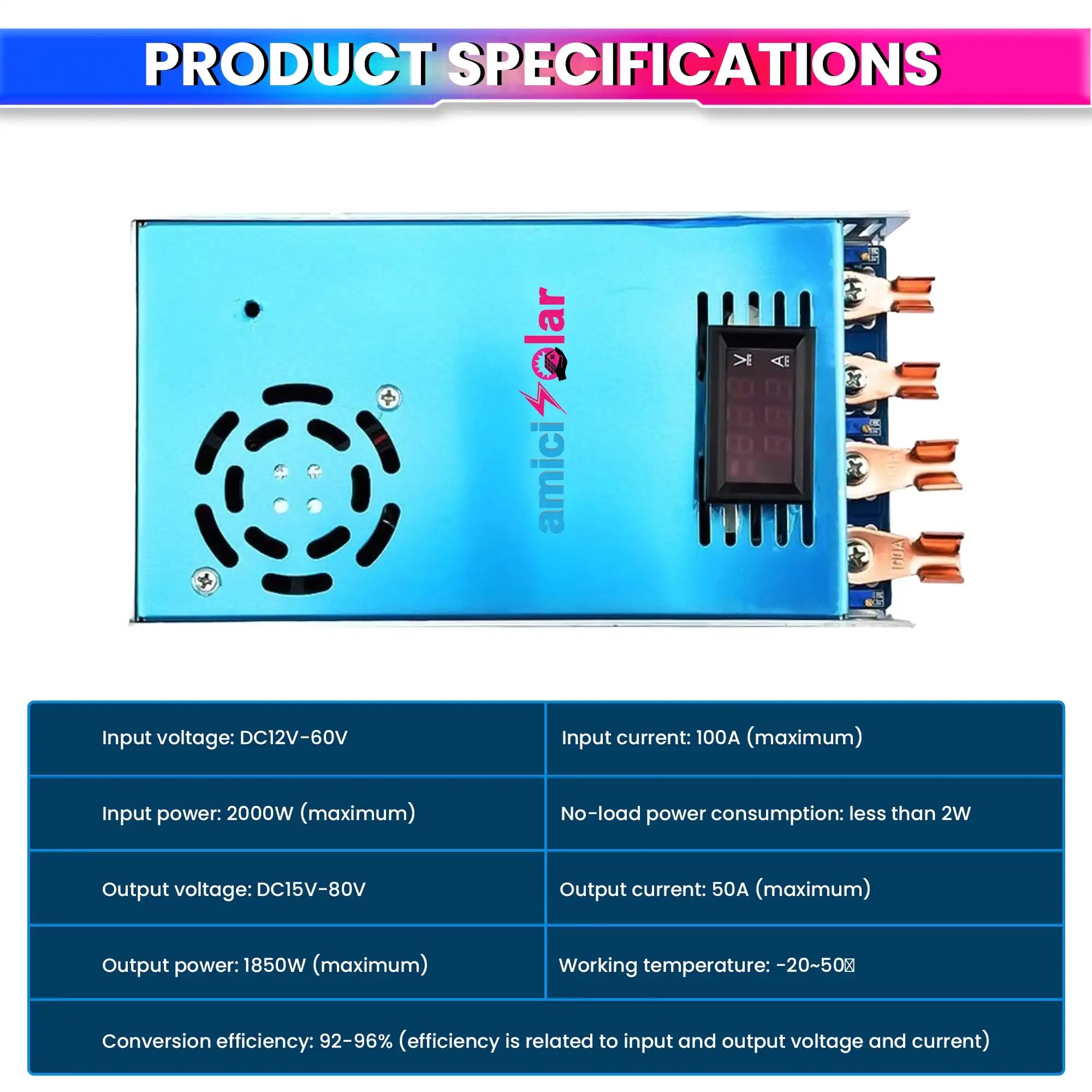 2000W 100A DC-DC Step-Up Boost Converter Adjustable Voltage Regulator with Voltmeter & Undervoltage Protection