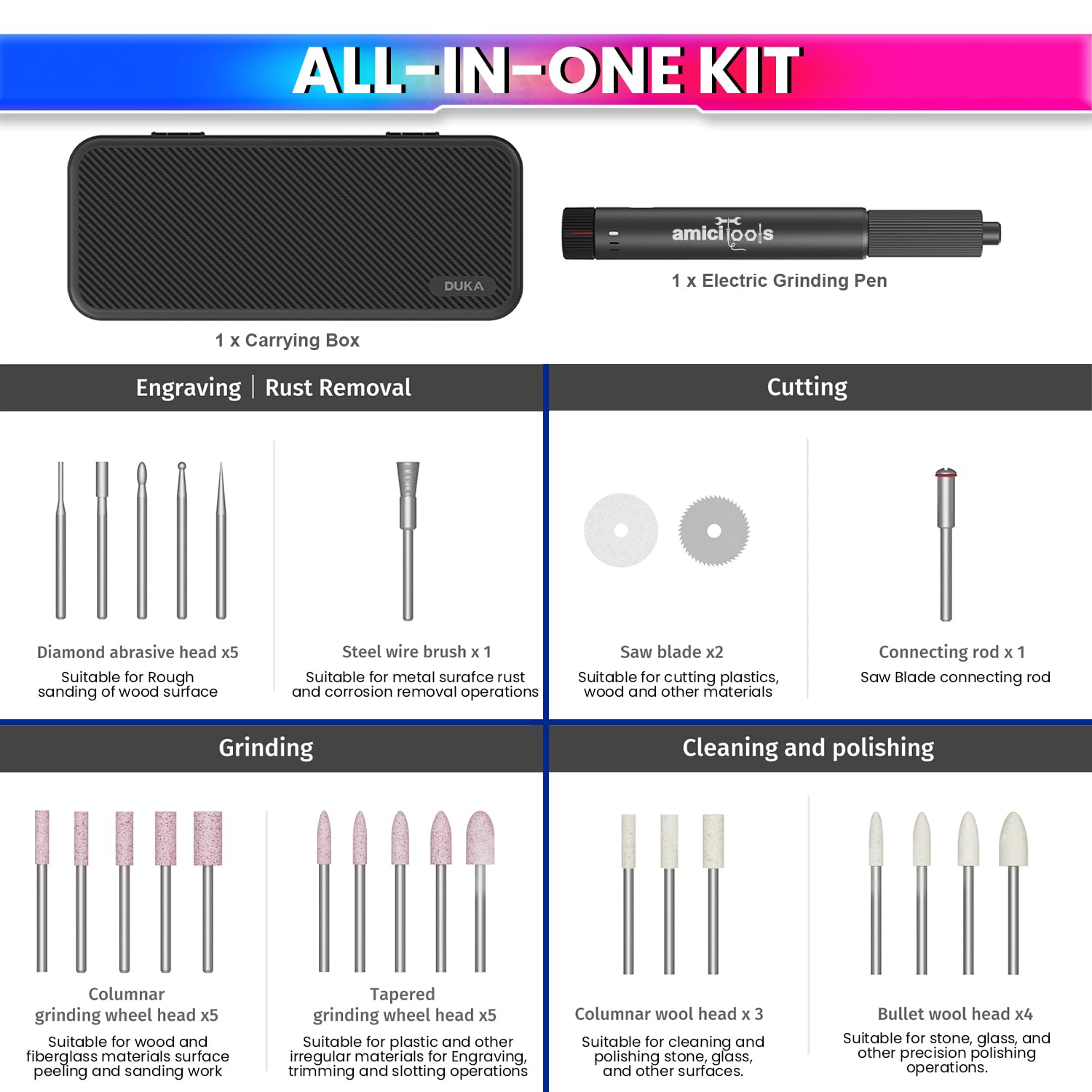 Rechargeable Rotary Tool Kit –Type-C,24 Bits,Dual-Speed for DIY Polishing, Crafting & Grinding amiciKart