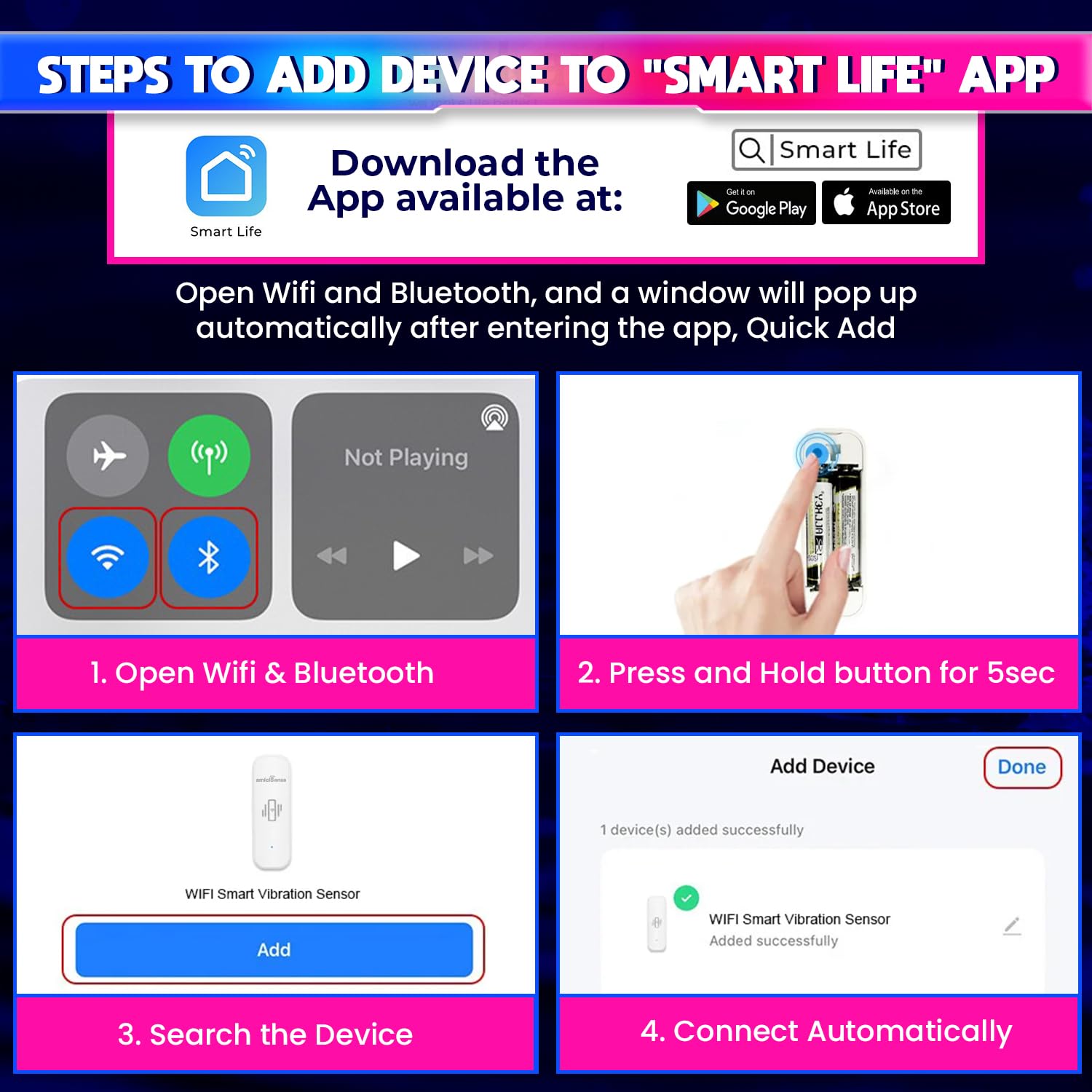 WiFi Vibration Sensor – Real-Time Notification Alerts, Adjustable Sensitivity, SmartLife App Support
