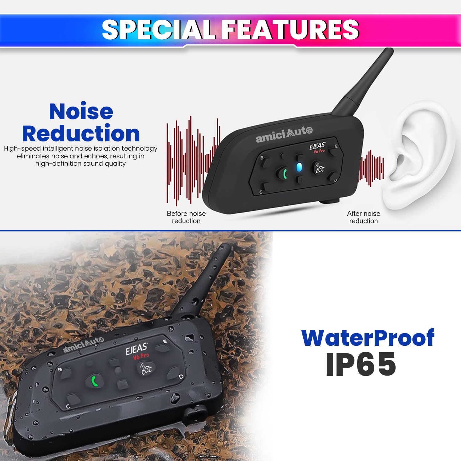 Ejeas V6 Pro Helmet Bluetooth Intercom for 6 Riders, Headphone with Mic amiciKart