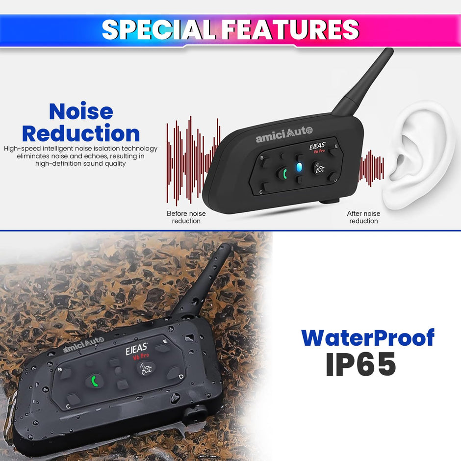 Ejeas V6 Pro Helmet Bluetooth Intercom for 6 Riders, Headphone with Mic amiciKart