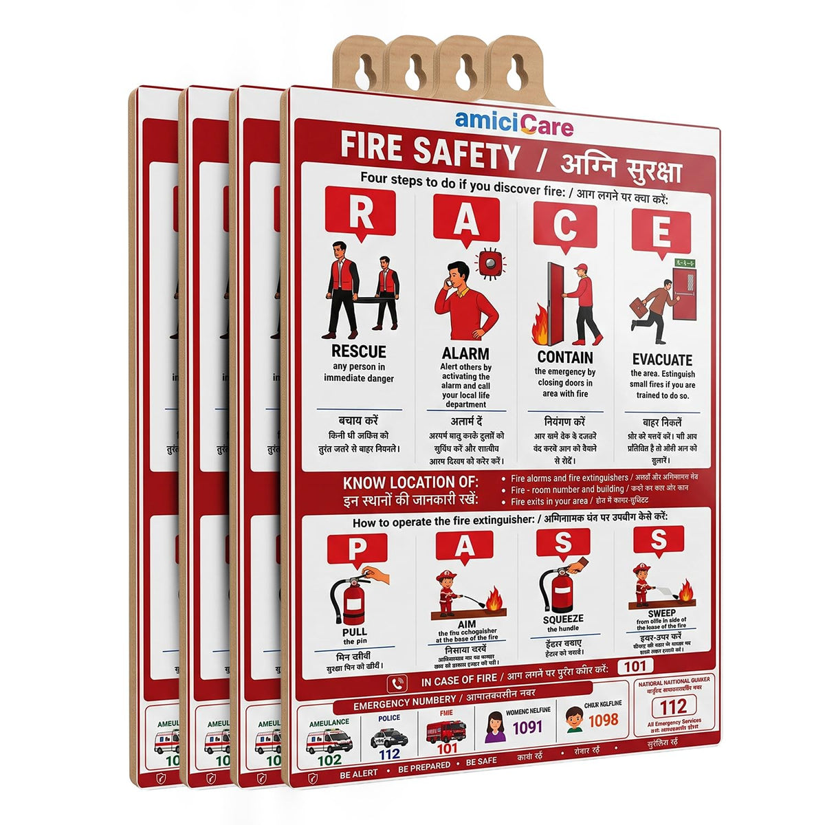 Fire Safety Instruction Sign Board for Home & Office English & Hindi Fire Safety Guide Pack of 4