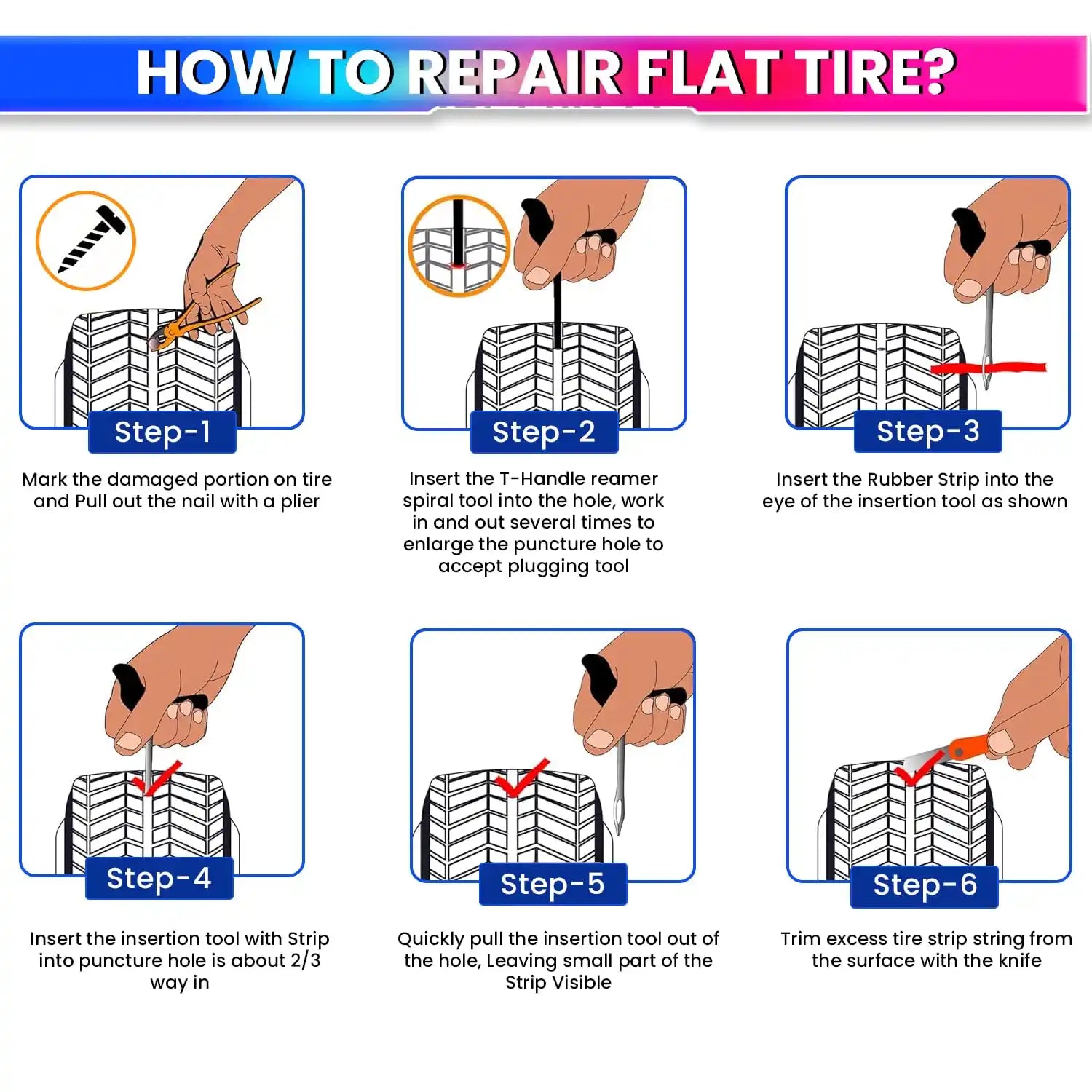 Tubeless Tyre Puncture Repair Kit – Heavy-Duty 4-in-1 Reamer, Probe, Cutter & Valve Caps Motorcycle & Car Tyre Repair Set