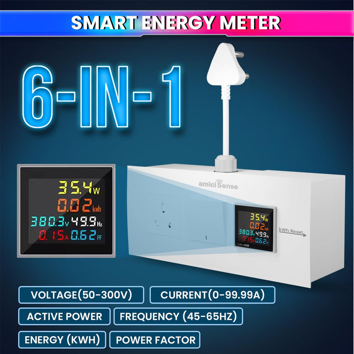 Energy Meter Socket Board with 6-in-1 Digital Power Meter, 16A Socket & 16A Switch with Durable 4-Inch Wire