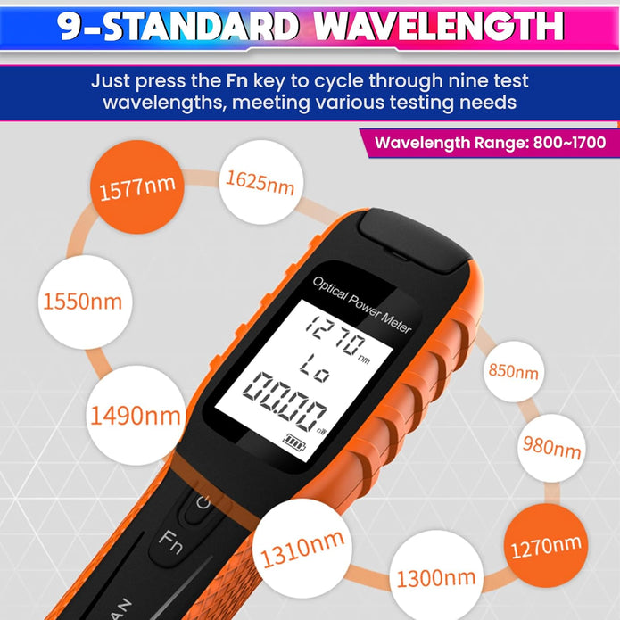 Optical Fiber Meter, 800–1700nm Rechargeable Tester with 7 Wavelengths, SC/ST/FC Compatible