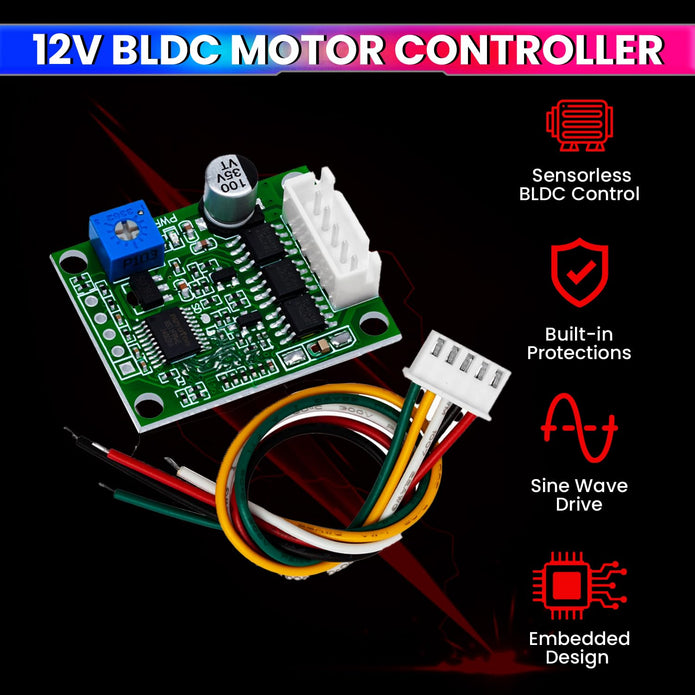 DC 6-20V 60W Brushless Motor Driver Board – 3A BLDC Speed Controller, Hall-Less Switch Module with Cable