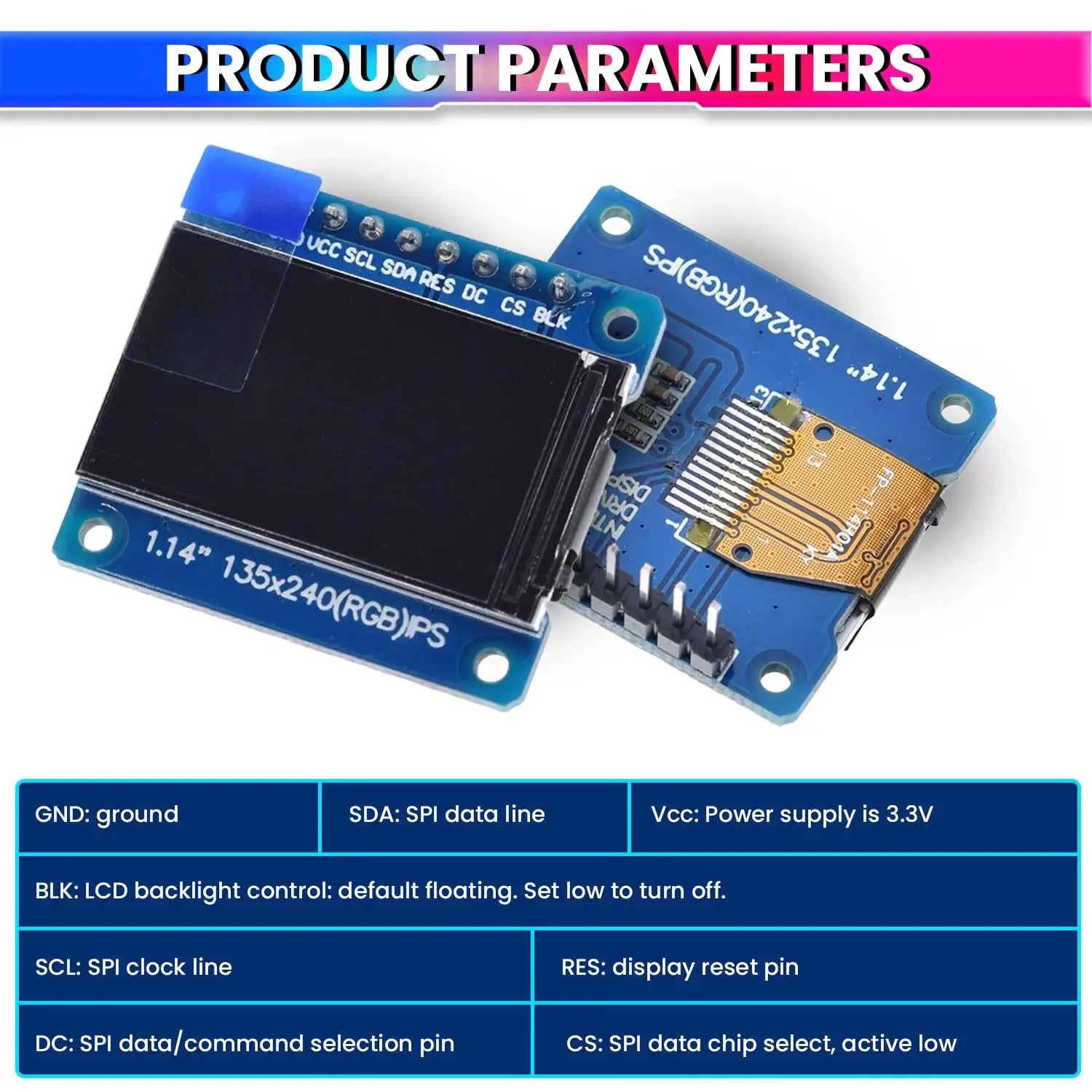 1.14 Inch IPS Full-Color TFT Display Module ST7789 Driver IC, 3.3V 8-Pin 4-Wire SPI Interface LCD Screen for Ardiuino, ESP32