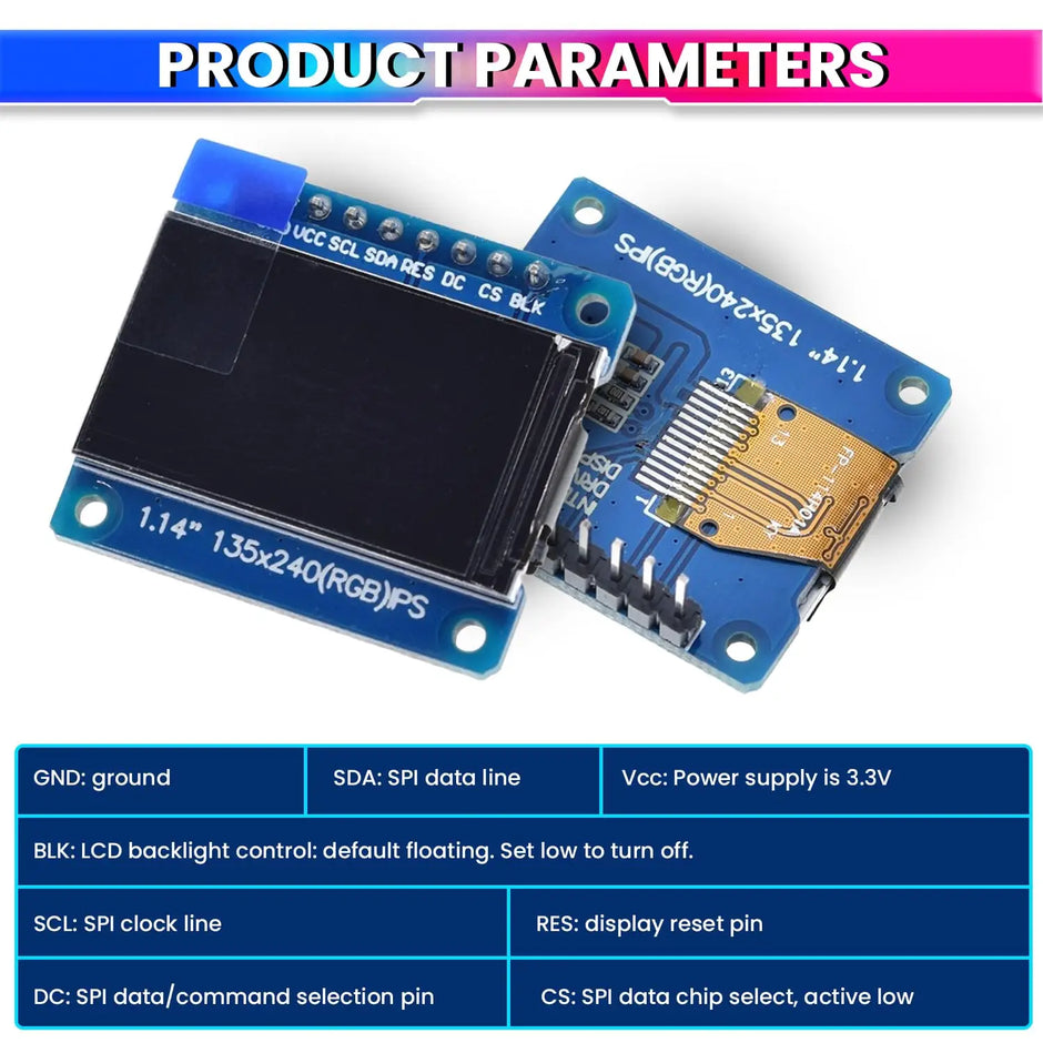 1.14 Inch IPS Full-Color TFT Display Module ST7789 Driver IC, 3.3V 8-Pin 4-Wire SPI Interface LCD Screen for Ardiuino, ESP32