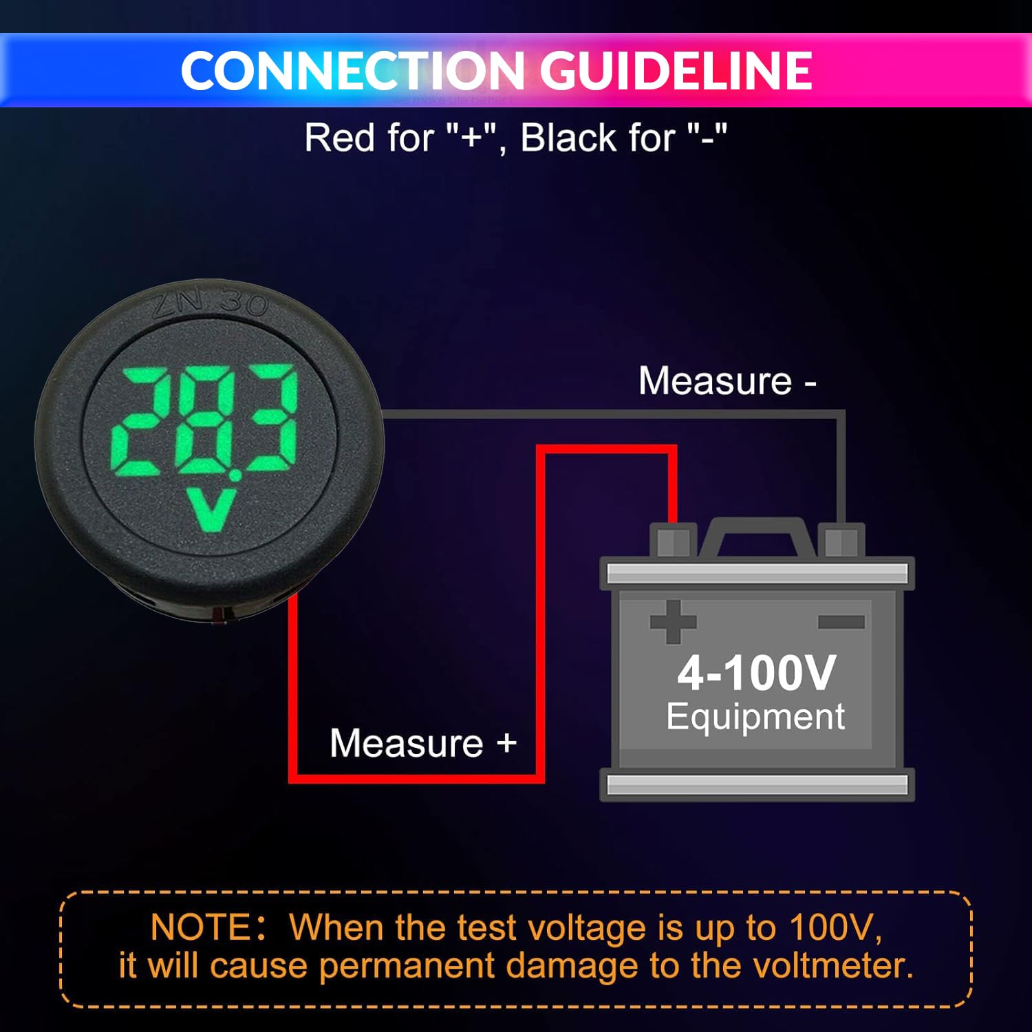 DC 5~100V Voltmeter, 3-Digit LED Digital Display Voltage Detector for Bike Battery Voltage Monitoring