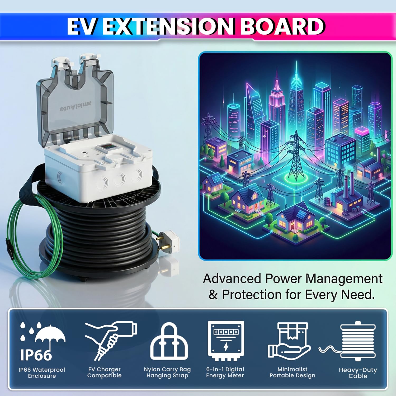 EV Charging Extension Board 6-in-1 Energy Monitoring Meter with Heavy-Duty Cable, IP66 Waterproof & 16A Plug