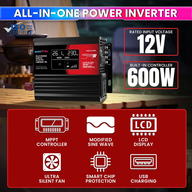 500W Off-Grid Solar Inverter – 1000VA 12V DC to 220V AC Modified Sine Wave Converter with Built-in MPPT Controller