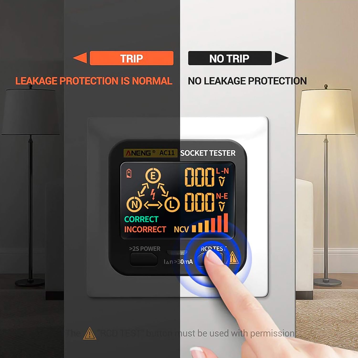amiciSense Rcd Socket Tester, LCD With Live Voltage & Leakage Display, Automatic Earth Neutral Line Wire Check Wall Plug Voltage & Leakage Tester