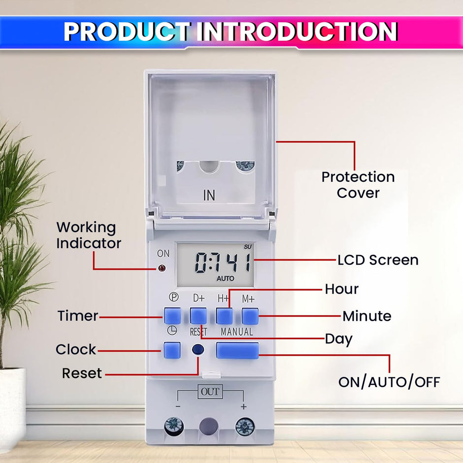 amiciSmart Digital Programmable Timer Switch Relay in-Built 7 Days Schedule, DIN Rail Mounted 30A, DC 12V