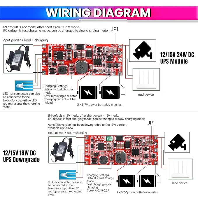 DC 12V/15V UPS Power Supply Module – 24W Backup with Step-Up Converter & Battery Protection