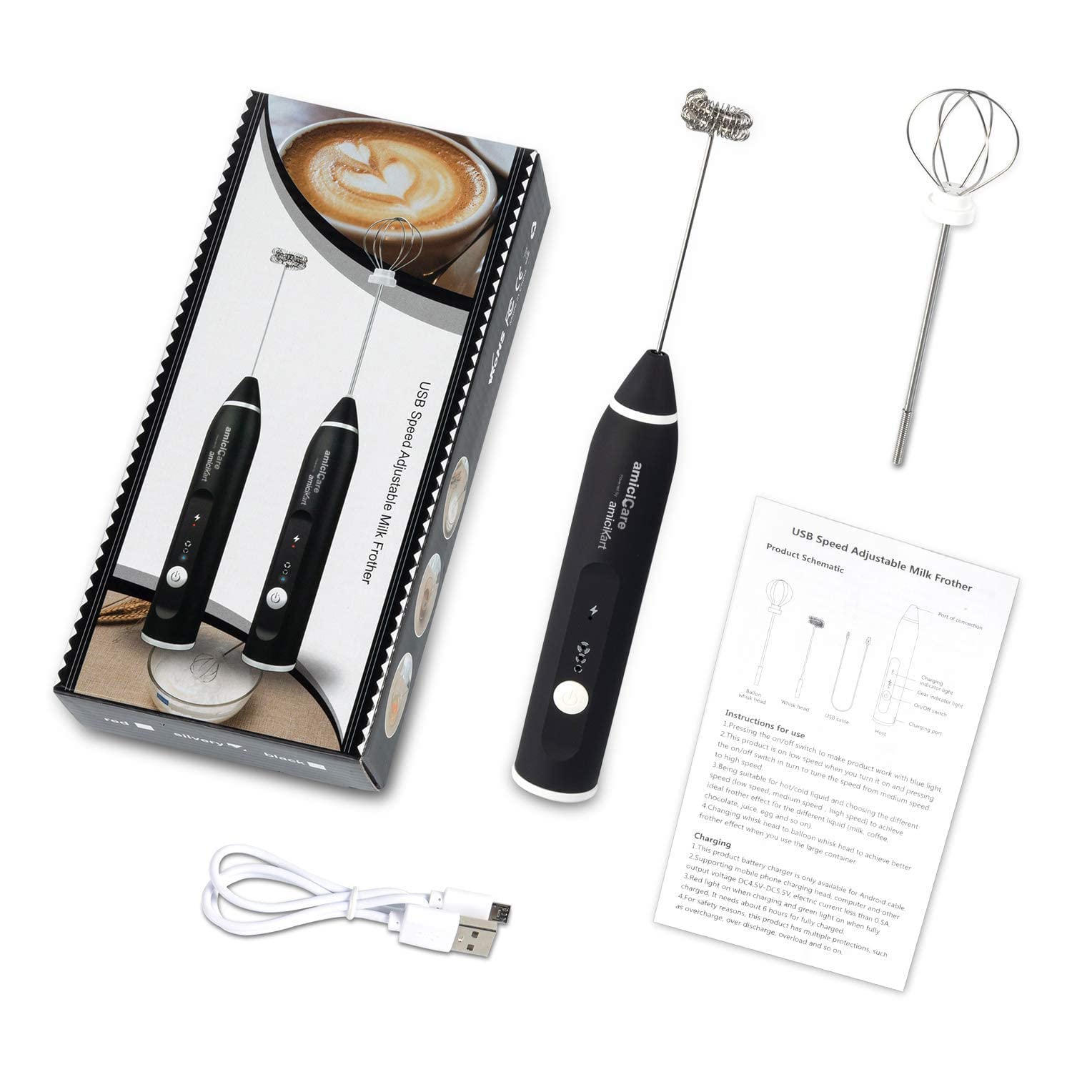 Milk Frother – USB Rechargeable Handheld Foam Maker, 3-Speed Adjustable for Latte, Coffee, Milkshakes & Egg Beater