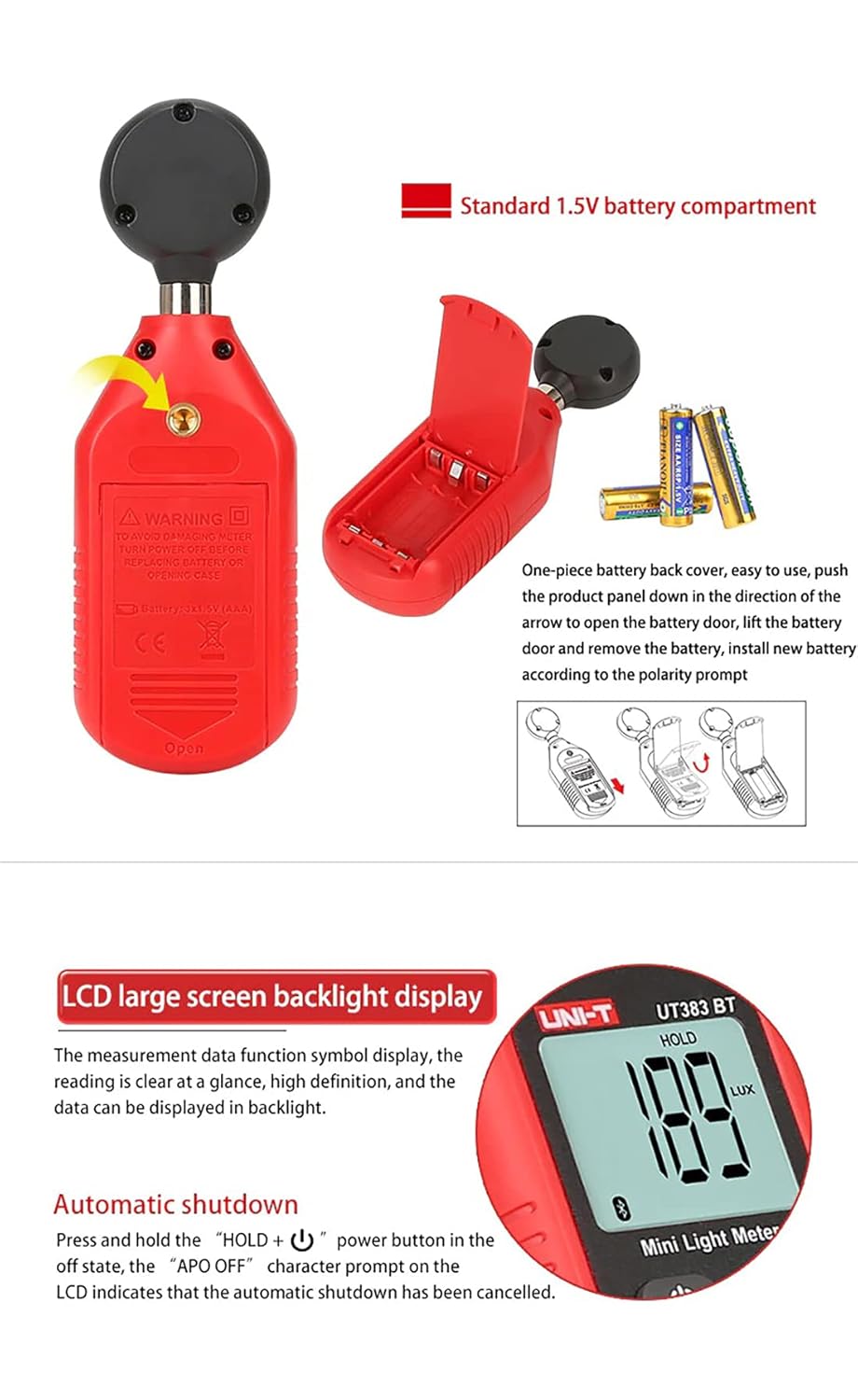UNI-T UT383BT Luxmeter 0~199900Lux Bluetooth Digital Light Meter with 3AAA Battery amiciKart