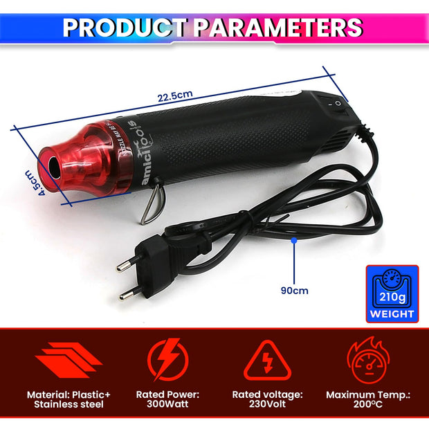 amiciTools 300W Mini Heat Gun for Crafting, Embossing, Melting, Shrinking & DIY Projects Compact Design,200C Max Temperature, Ideal for Crafts, 220VAC
