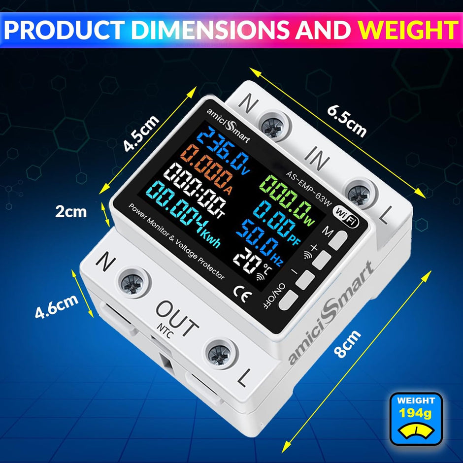 amiciSmart WiFi 8 in 1 Digital Energy Meter with Over/Under Voltage/Current/Temperature Protection, 63A Compatible with SmartLife App (220VAC, 13.8kW)