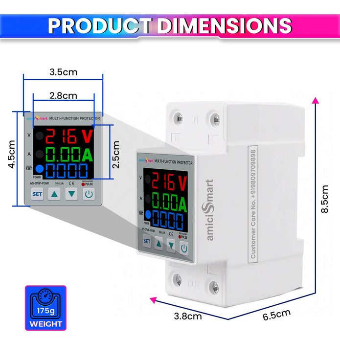 Digital Energy Meter Over/Under Voltage & Overload Protection Device with Auto Reconnect and LCD Display 63A 230V