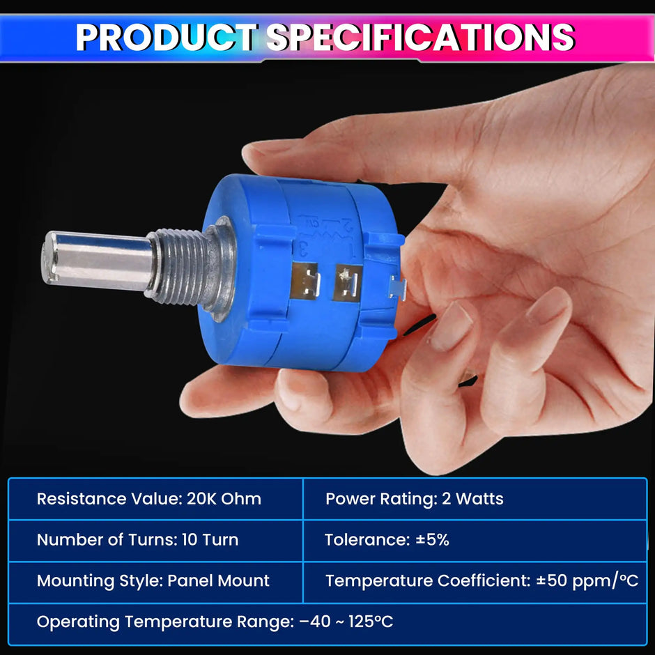 20K Ohm Precision 10-Turn Multiturn Potentiometer ±5% Tolerance, ±50ppm/°C Stability, Long-Life Metal Shaft Variable Resistor