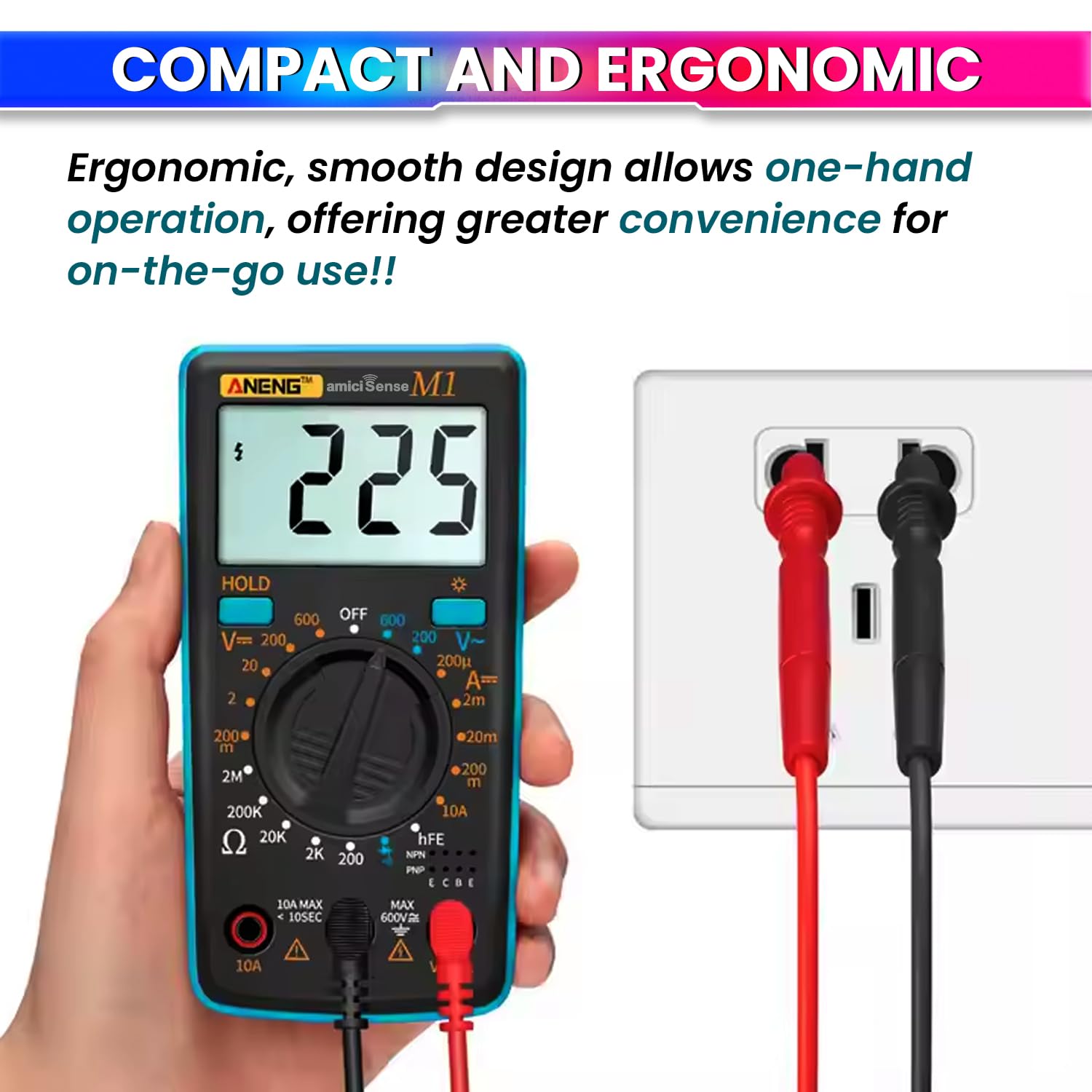 M1 Digital Multimeter – 600V AC/DC, Current, Resistance, Diode, hFE Test, Data Hold, Backlit amiciKart