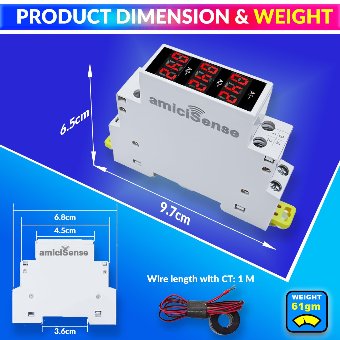 3-in-1 Ammeter | AC 80–500V 100A Current Tester | LED Display | 35mm DIN Rail