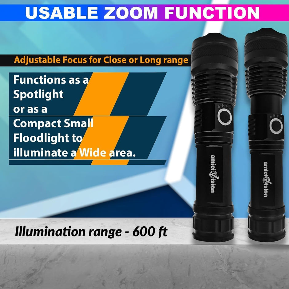 Rechargeable Flashlight With Zoom Function- Led Metal Torch With 5 Lighting Modes amiciKart