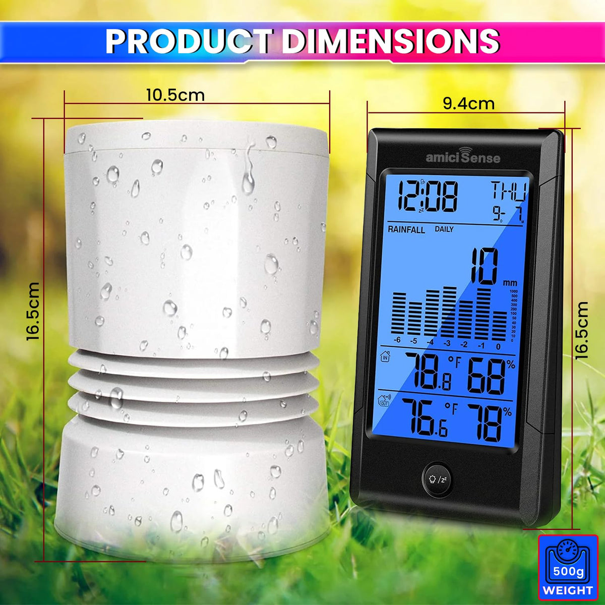 Wireless Rain Gauge – 5-in-1 Sensor , Indoor/Outdoor Temp & Humidity M ...