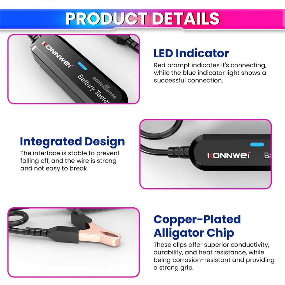 Wireless Car Battery Analyzer – 100~2000 CCA, 6/12V Cranking & Charging Tester with Bluetooth App amiciKart