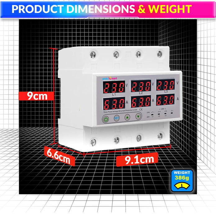 amiciSmart 3-Phase Automatic Over/Under Voltage Protector 63A with Over-Current, Phase-Loss & Phase-Imbalance Protection, Auto-Reconnect & Synchronous & Asynchronous Mode (220VAC, White)