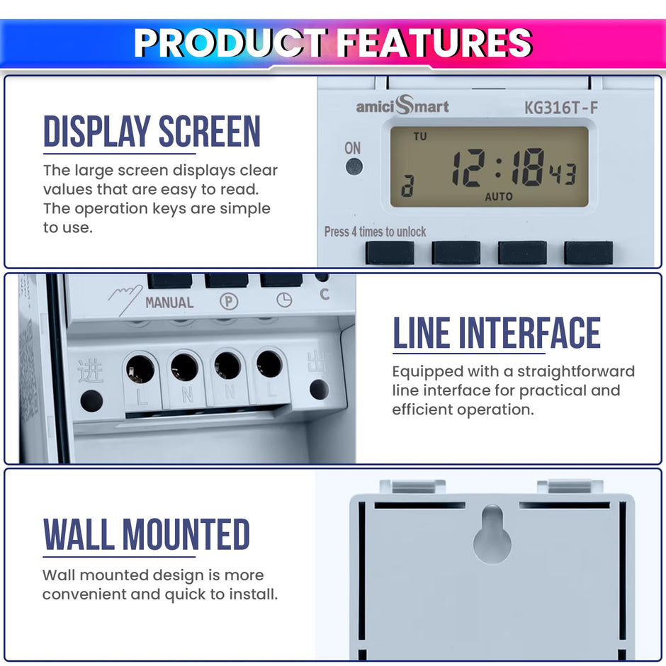 amiciSmart 230V 30A Digital Programmable Timer Switch with Loop Mode | IP65 Waterproof | 20 ON/Off Schedules | LCD Display | Auto Keyboard Lock |