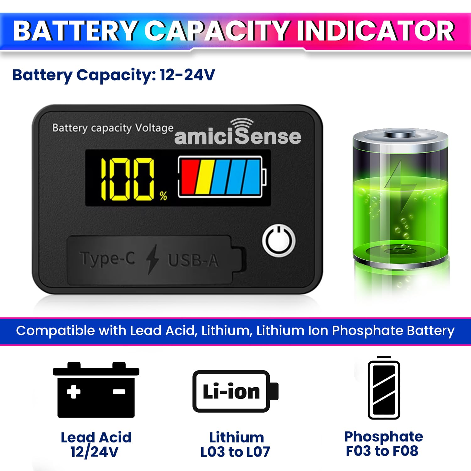 8–30V Battery Capacity Meter with USB/Type-C for 12V/24V LiFePO4 & Lead-Acid – Car/Bike Use