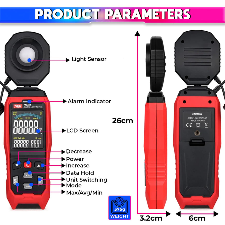 Dual-Power Luxmeter – 200K Lux Light Meter with 360° Rotating Sensor & Alarm