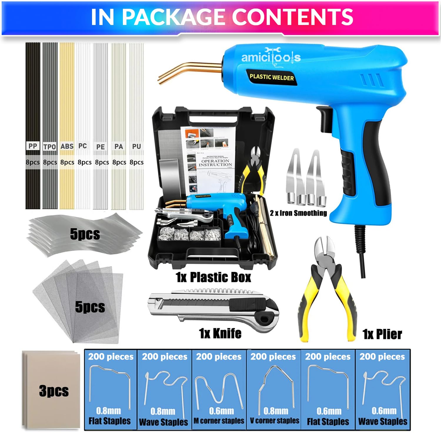 200W Plastic Welder Tool for Quick Fixes & Durable Repairs |1200pcs Staples,56pcs Rods amiciKart