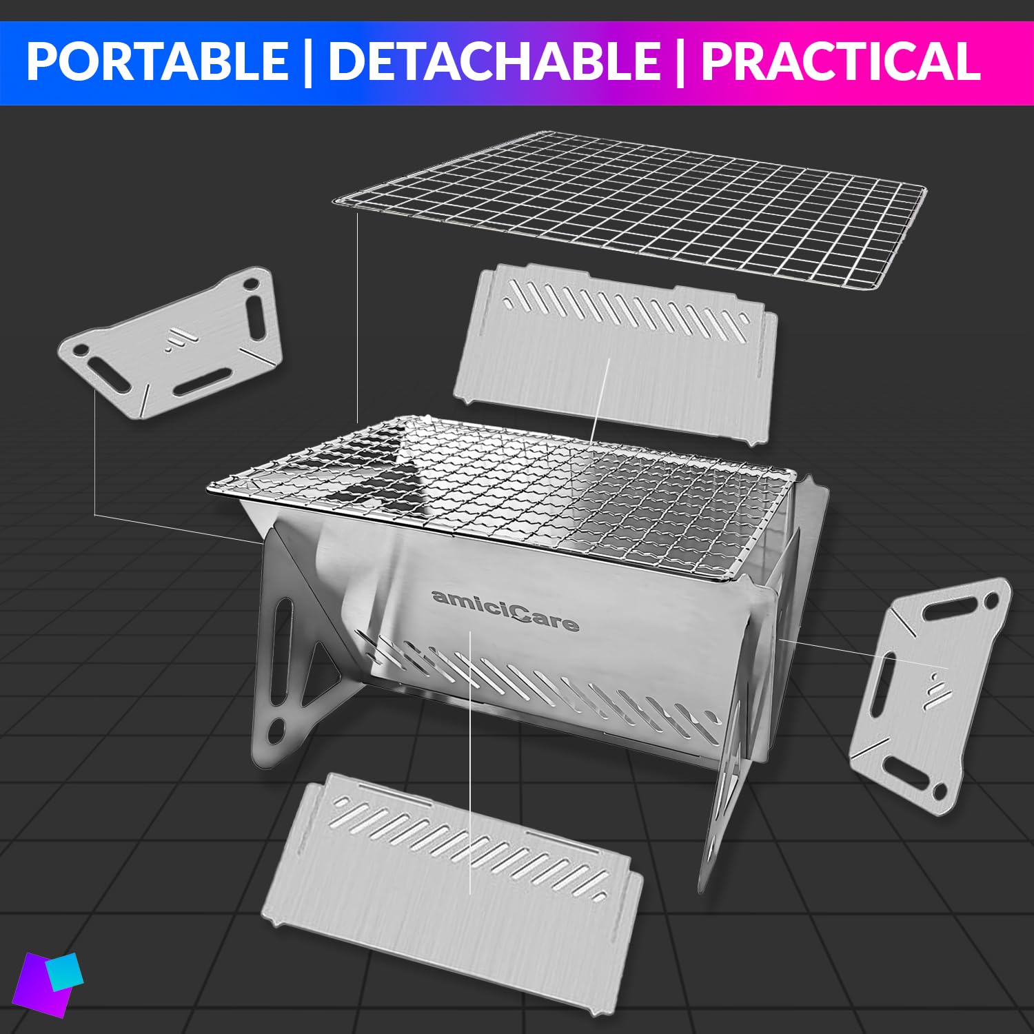 Mini Portable Charcoal Grill, Stainless Stell Compact BBQ Grill for Camping, Picnic, Outdoor Cooking amiciKart