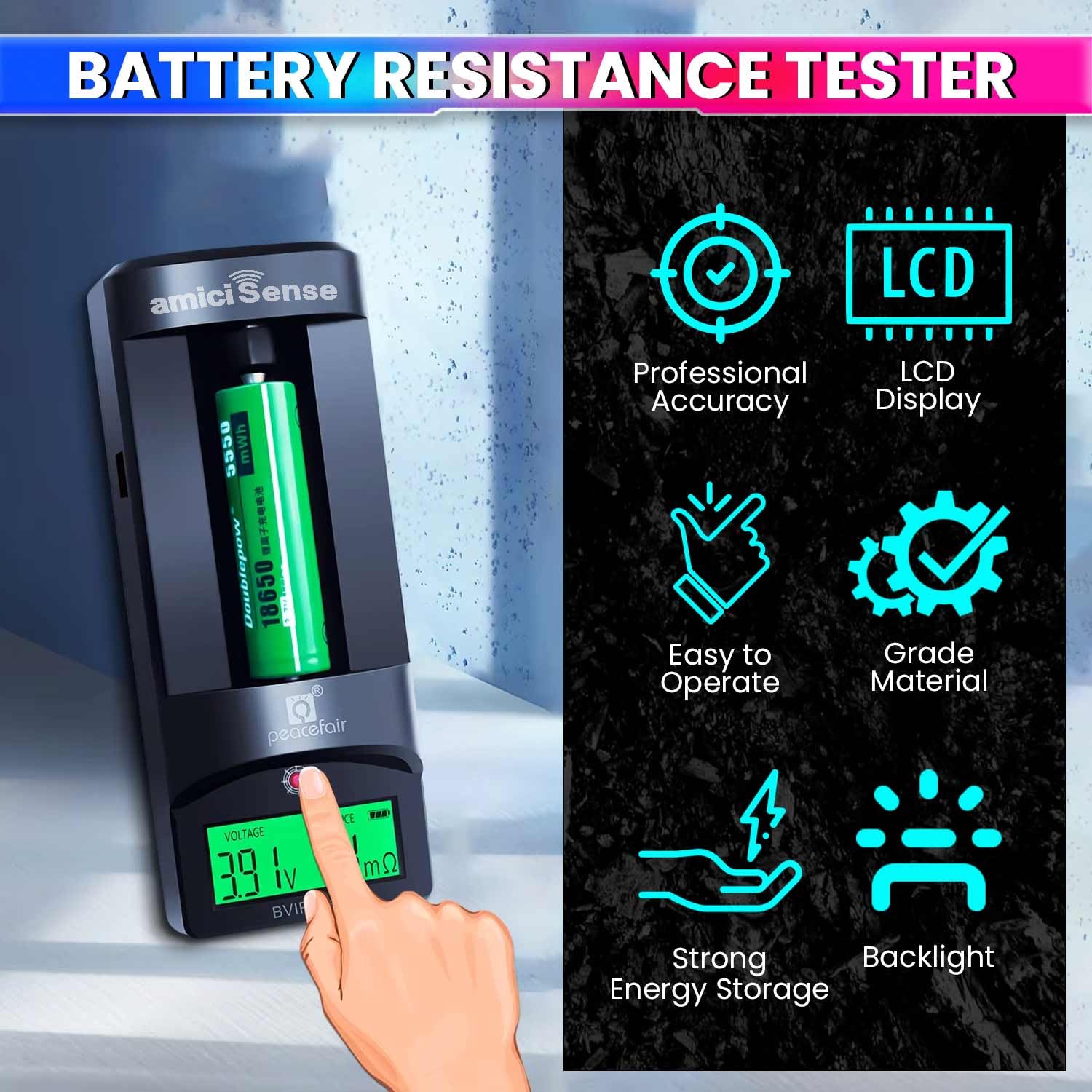 BVIR Battery Tester 0–999mΩ with LCD, for Lead-Acid & Lithium Battery Voltage/Resistance Check amiciKart