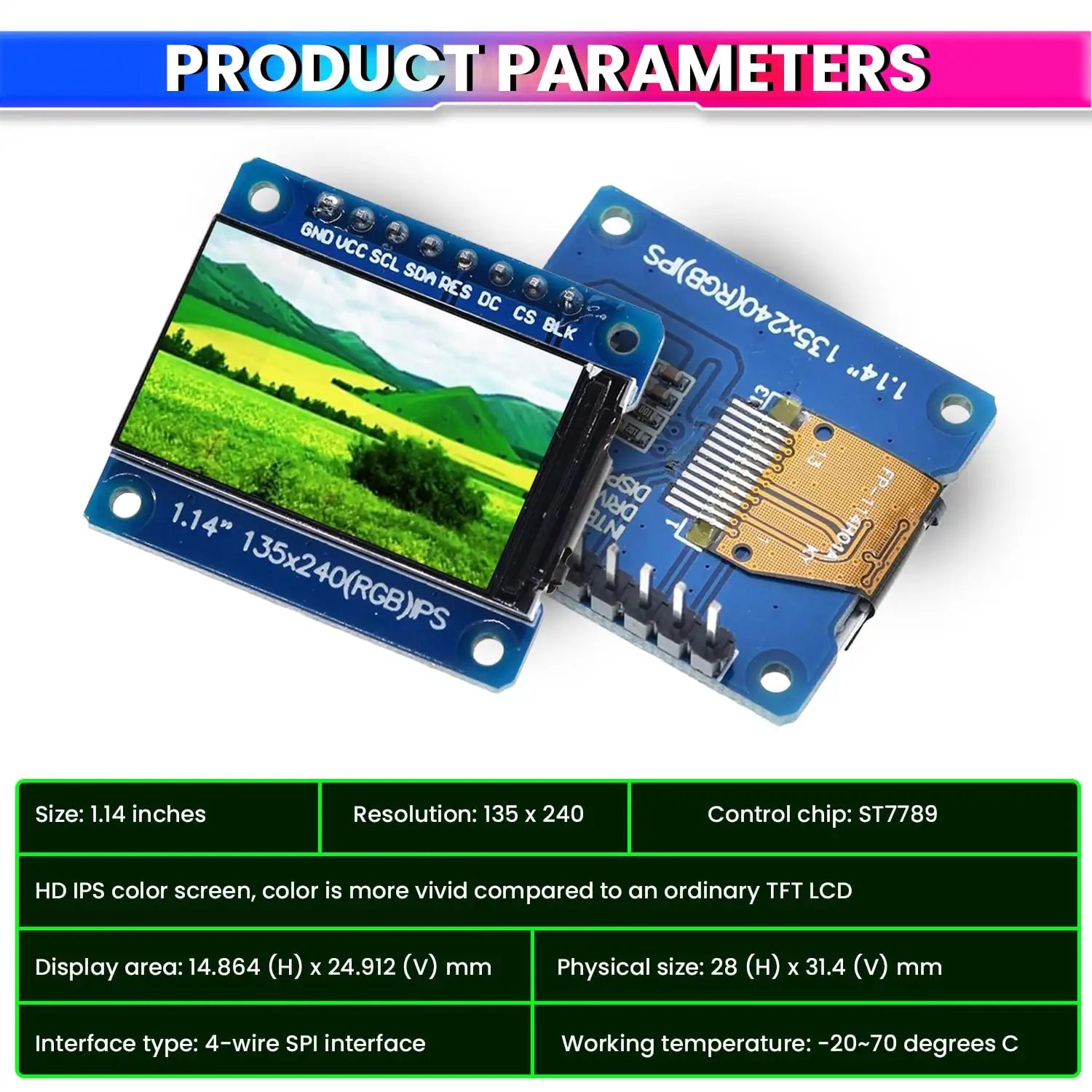 1.14 Inch IPS Full-Color TFT Display Module ST7789 Driver IC, 3.3V 8-Pin 4-Wire SPI Interface LCD Screen for Ardiuino, ESP32