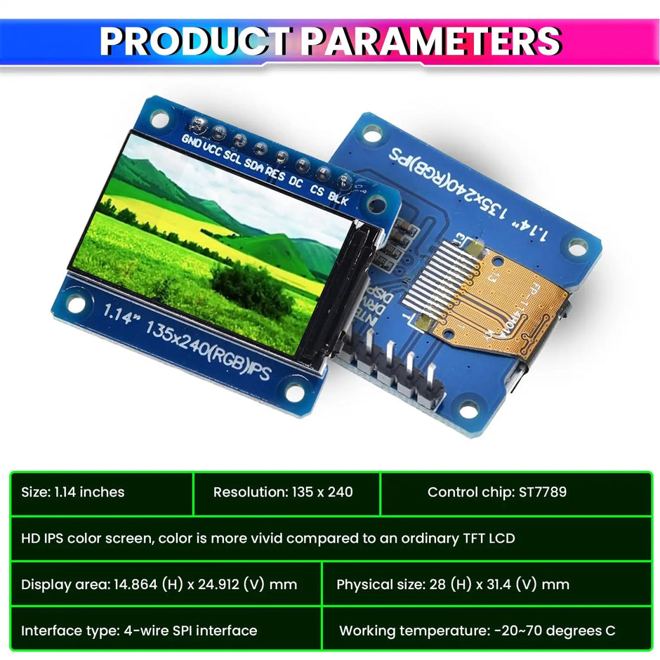 1.14 Inch IPS Full-Color TFT Display Module ST7789 Driver IC, 3.3V 8-Pin 4-Wire SPI Interface LCD Screen for Ardiuino, ESP32