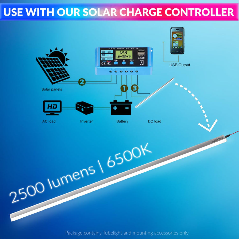amiciCare 20W Tubelight for Off-Grid Solar System, Flicker-Free | Energy-Efficient | Voltage Range DC LED Batten 10~30VDC Power Supply (Pack of 2)