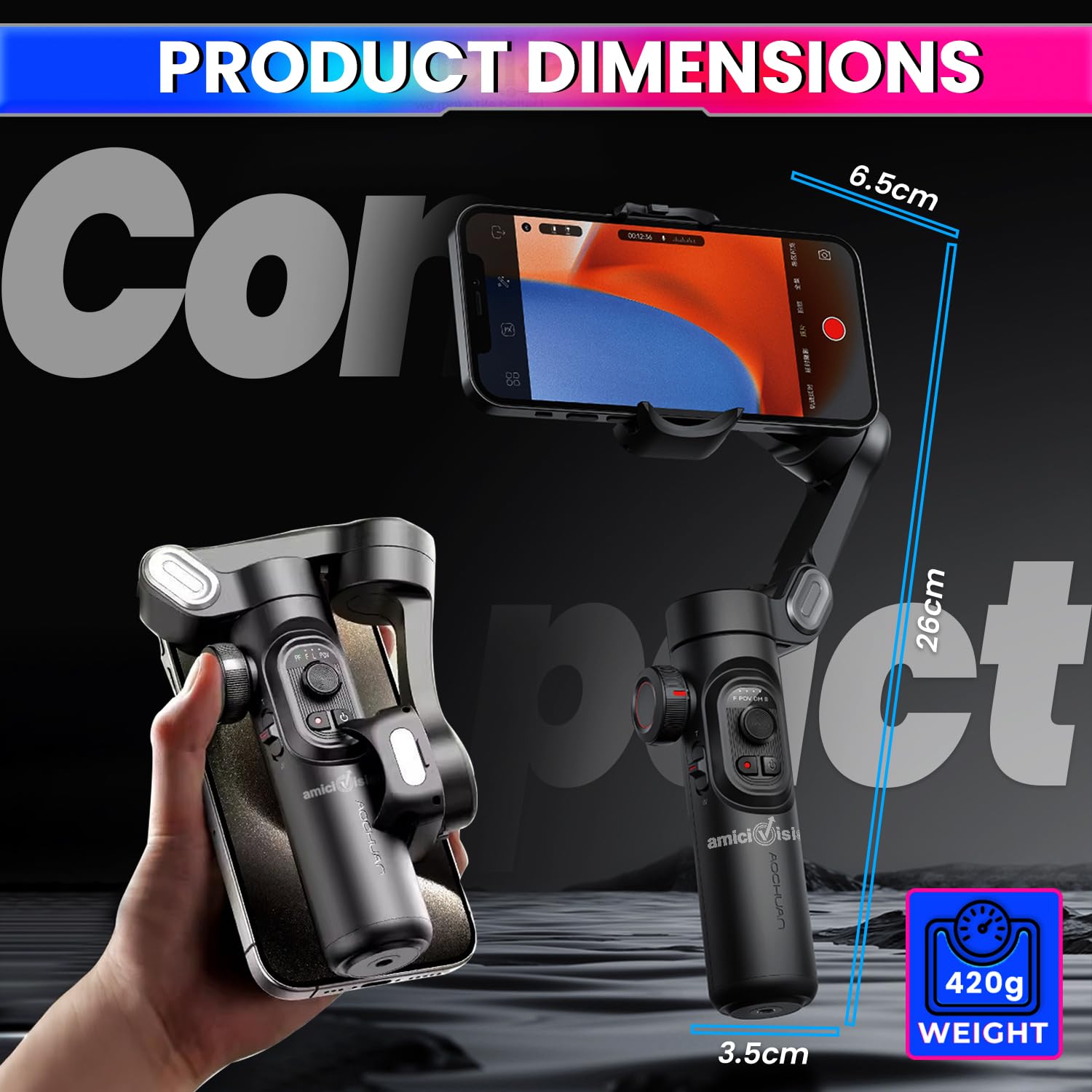 3-Axis Foldable Smartphone Gimbal Stabilizer-Anti-Shake 7.0,Face/Object Tracking amiciKart