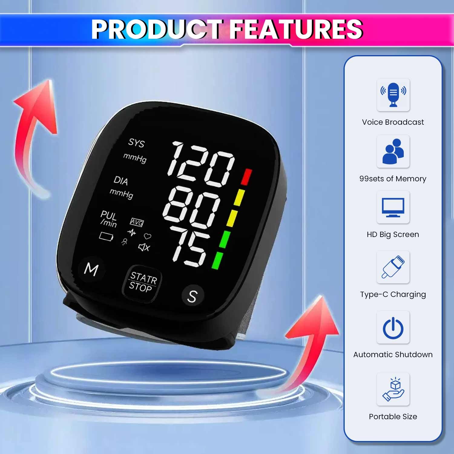 amiciCare Wrist Blood Pressure Monitor, Type-C Rechargeable BP Machine Stores 99 * 2 Readings for 2 Users with Color Indicators and Voice Broadcast