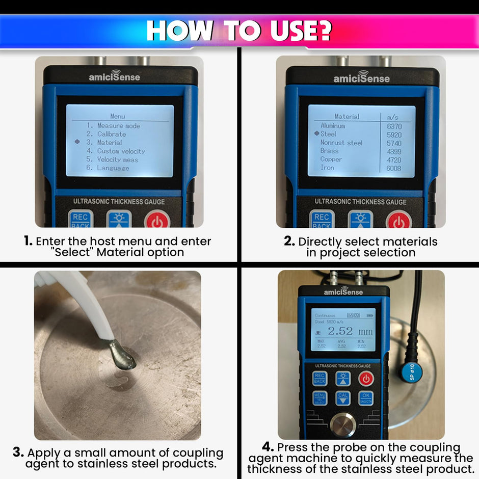 Professional Ultrasonic Thickness Gauge , Precision Measurement Range 0.8mm to 500mm,Microprocessor Controlled with Adjustable Velocity amiciKart