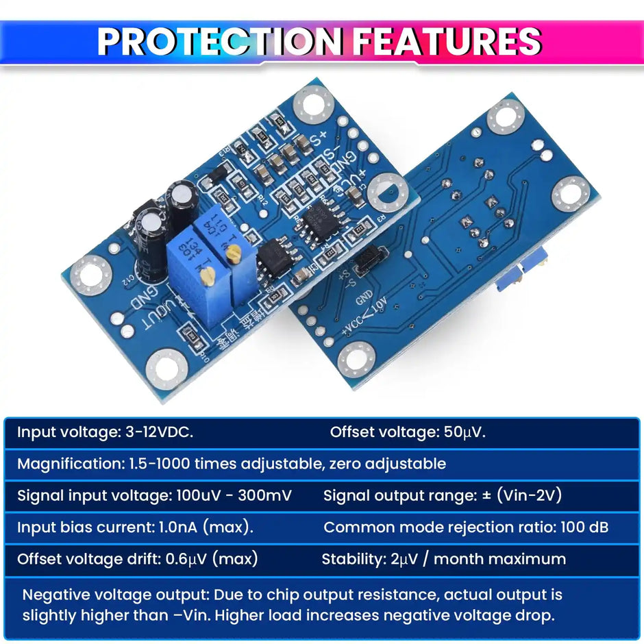AD620 Microvolt Voltage Amplifier Module, Adjustable Gain 1.5–10,000X, High-Precision Signal Amplifier Board with Built-in Negative Voltage Generator