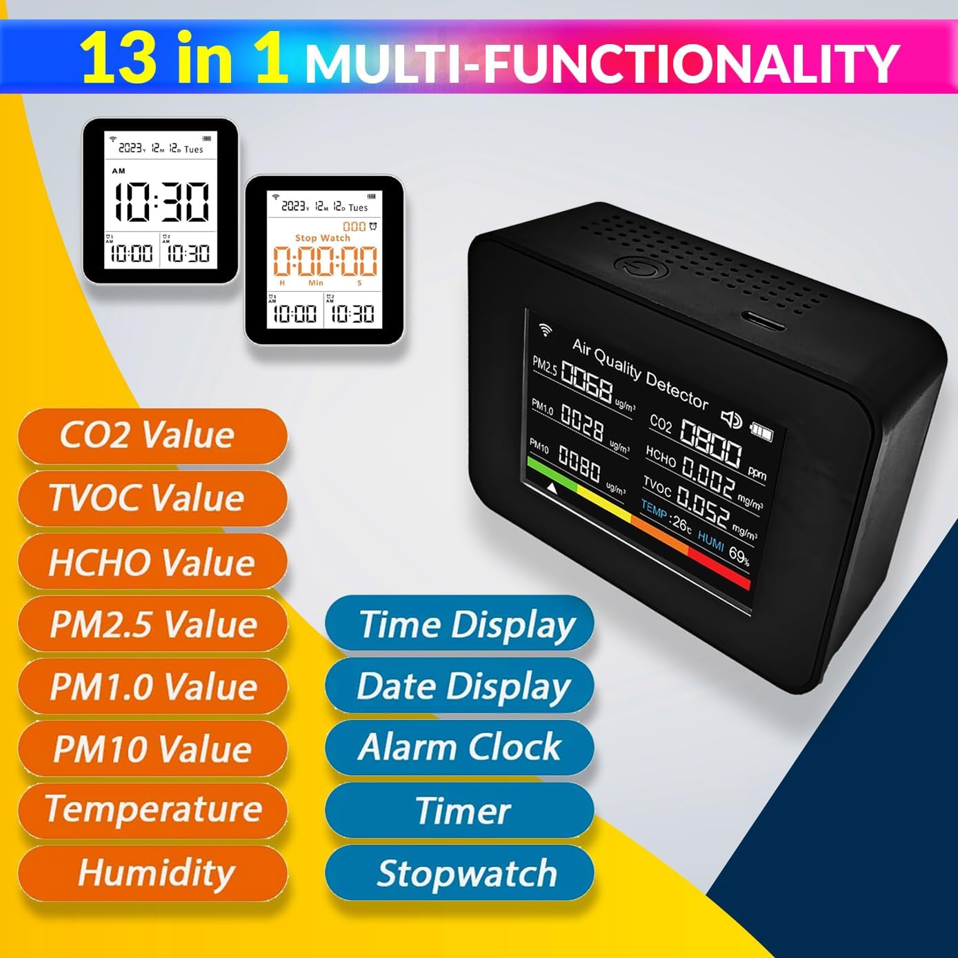 13-in-1 WiFi Smart Air Quality Monitor – CO2, Temp, Humidity Sensor with App Control Monitoring, Desktop Clock & Alarm