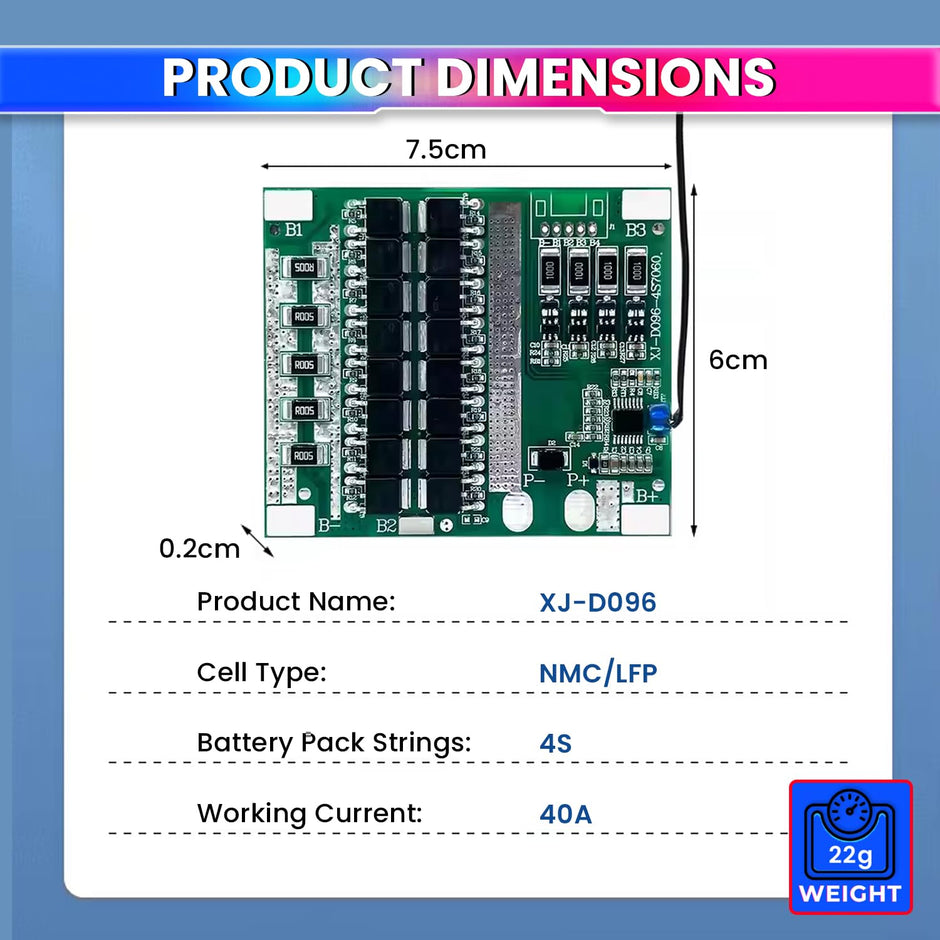 4S 12V 40A LiFePO4 BMS | Smart Battery Management System with Cell Balancing & Thermal Protection