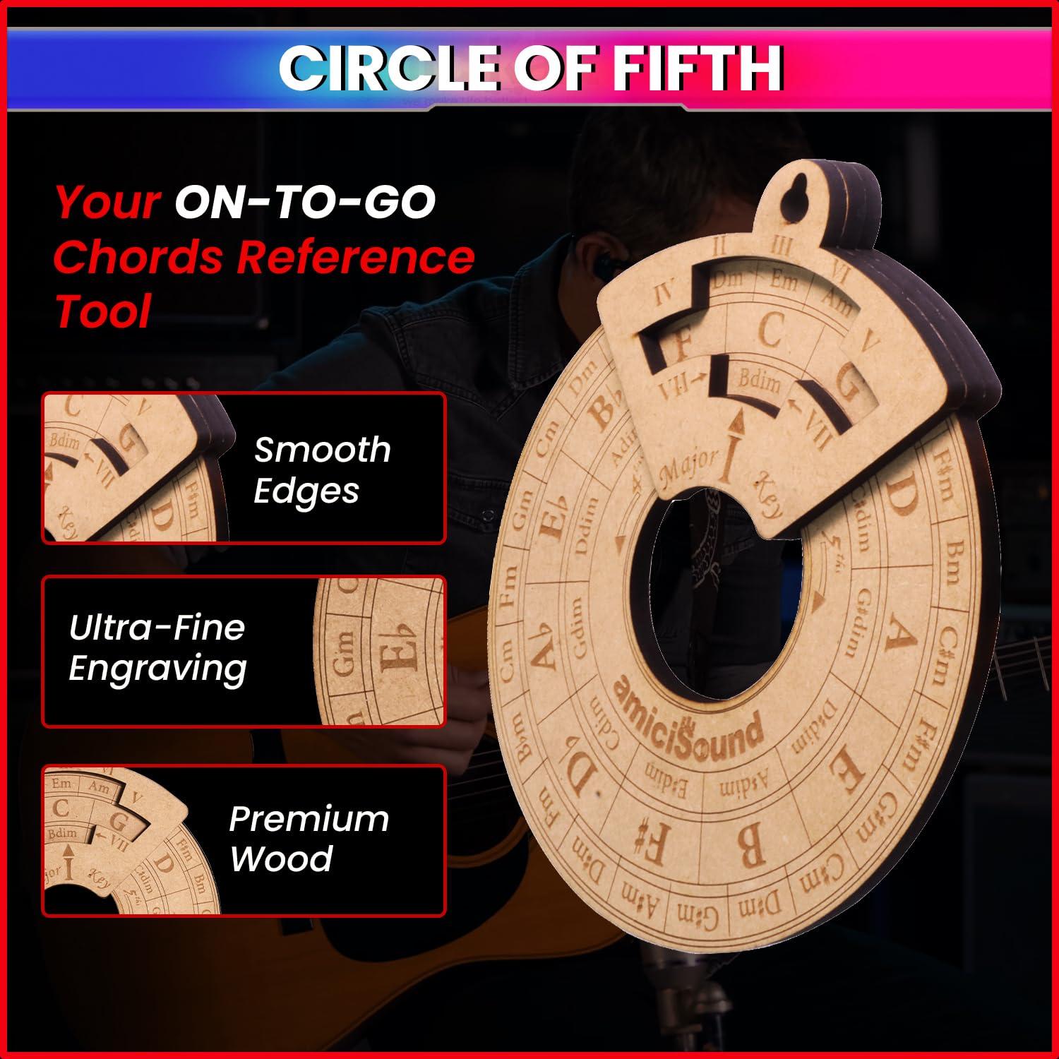 amiciSound Circle of Fifth Wheel for Music Theory Reference, Wooden Melody Tool for Song-Writer Musician