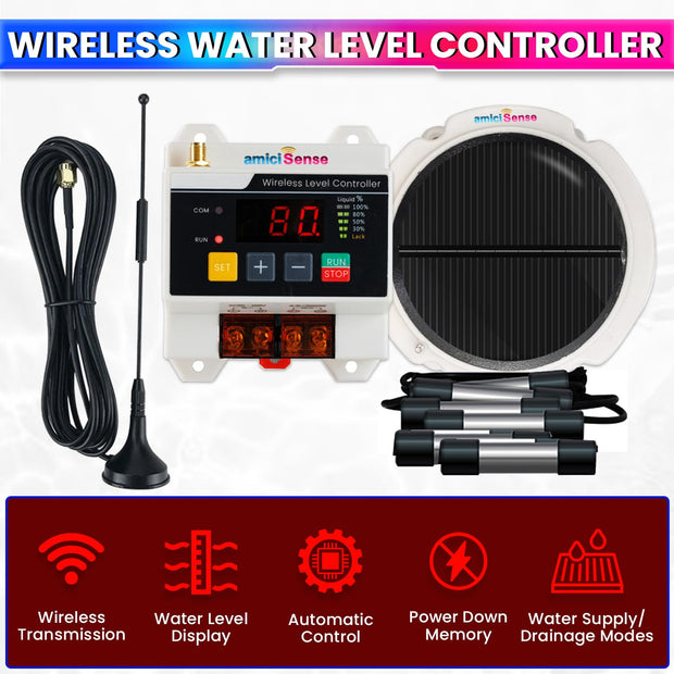 amiciSense Automatic Wireless Water Level Controller Switch| Solar Powered Transmitter with Battery | Water Level Display | 230V AC | 3kW Motor Load |