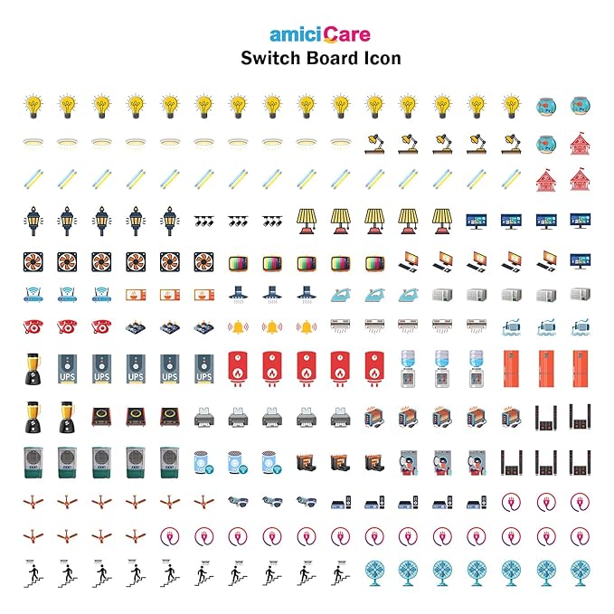 Switch Board Stickers – 42 Designs with 442 Icons, Water-Resistant Self-Adhesive Labels