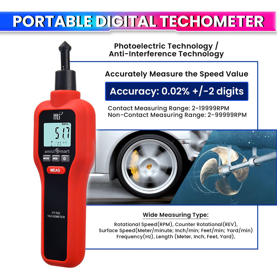amiciSmart ABS Plastic 2 In 1 Digital Tachometer Laser Rpm Tester Handheld Rotation Speed Measuring Meter With 9V Battery And 99,999 Rpm Count, Red