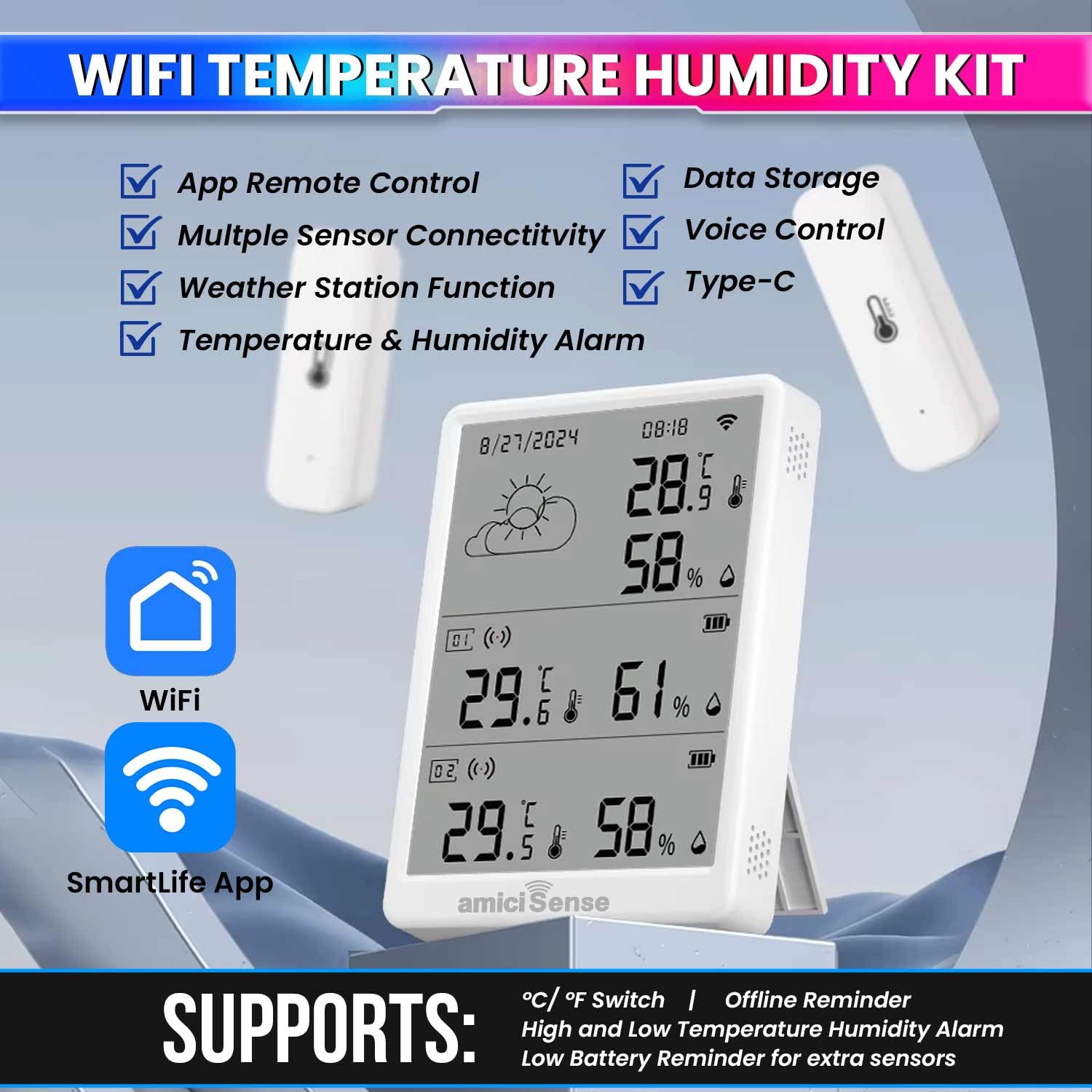 Digital Weather Station, Indoor/Outdoor Temperature and Humidity Monitoring Device with Dual External Sensors and Data Export Feature